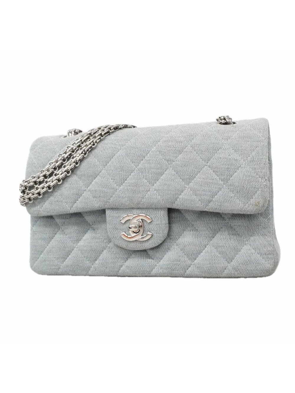 Chanel Shoulder Bag Quilted Cotton Blue Gray Silver